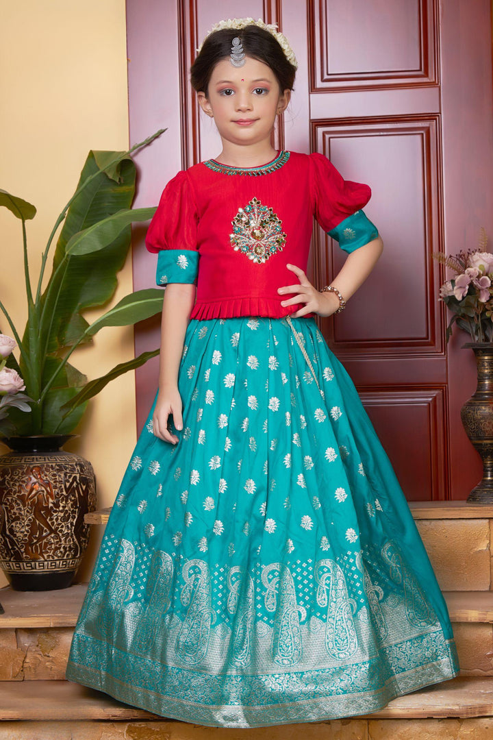 Rani Pink with Rama Green Banaras, Stone, Mirror and Sequins work Lehenga Choli for Girls - Seasons Chennai