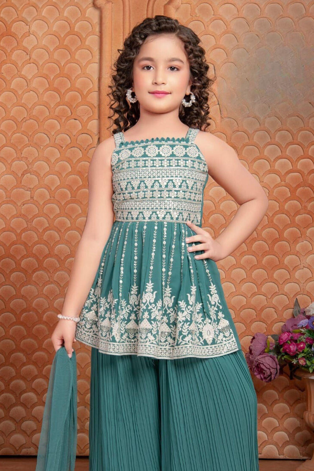 Green Thread and Sequins work Peplum Top with Overcoat and Palazzo Set for Girls - Seasons Chennai