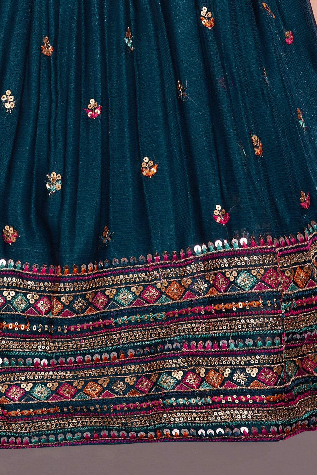 Peacock Blue Multicolor Thread, Sequins and Zari work Lehenga Choli for Girls
