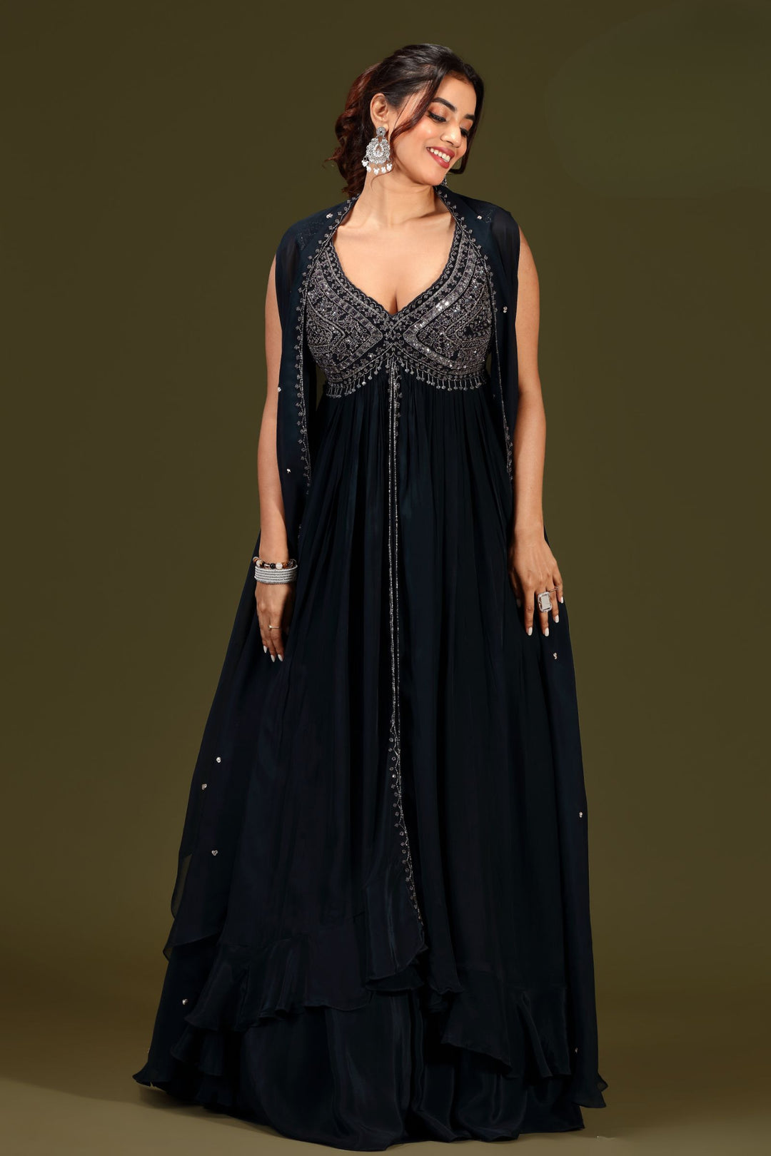 Navy Blue Beads and Sequins work Overcoat Styled Long Top Lehenga