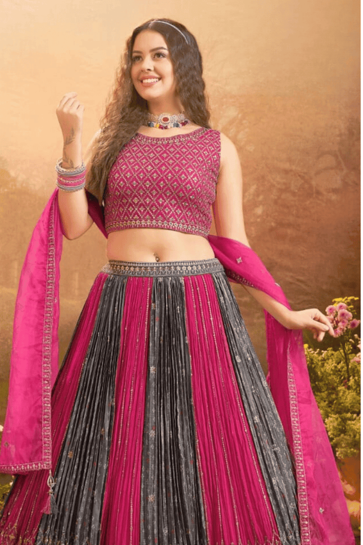 Pink with Grey Zari, Sequins and Stone work Crop Top Lehenga - Seasons Chennai
