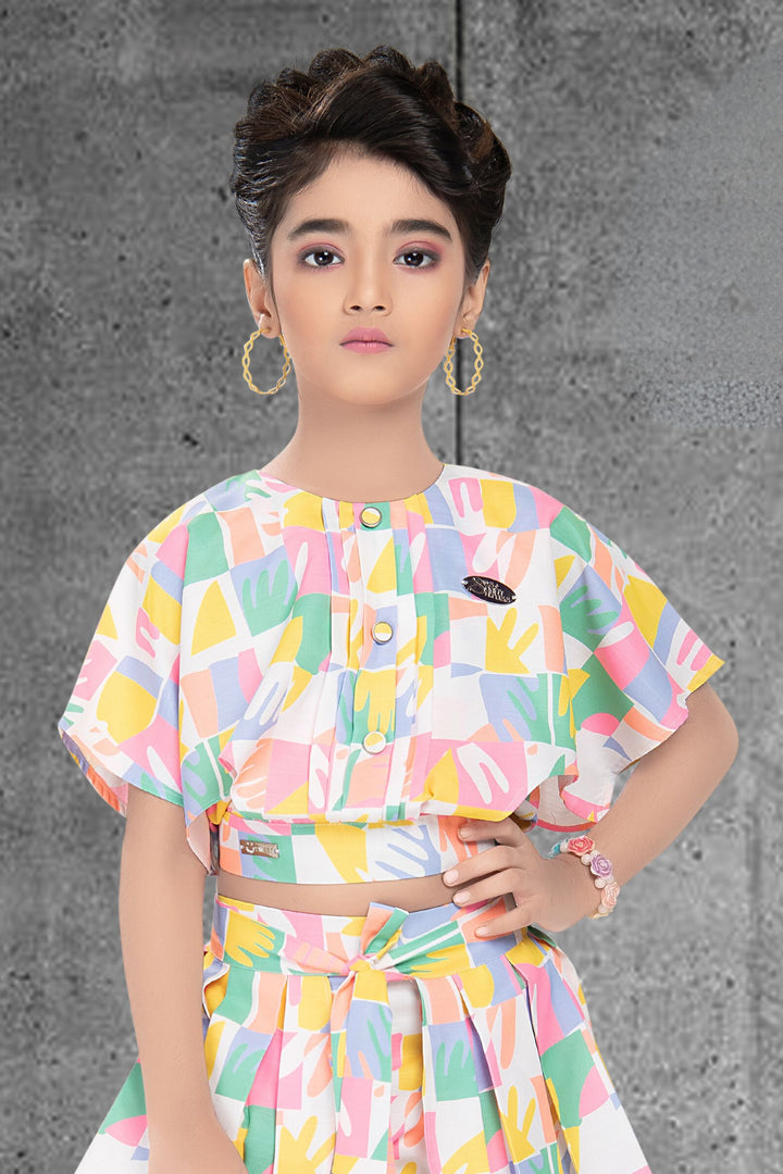 Multicolor Abstract Print Kaftan Top with Shorts For Girls