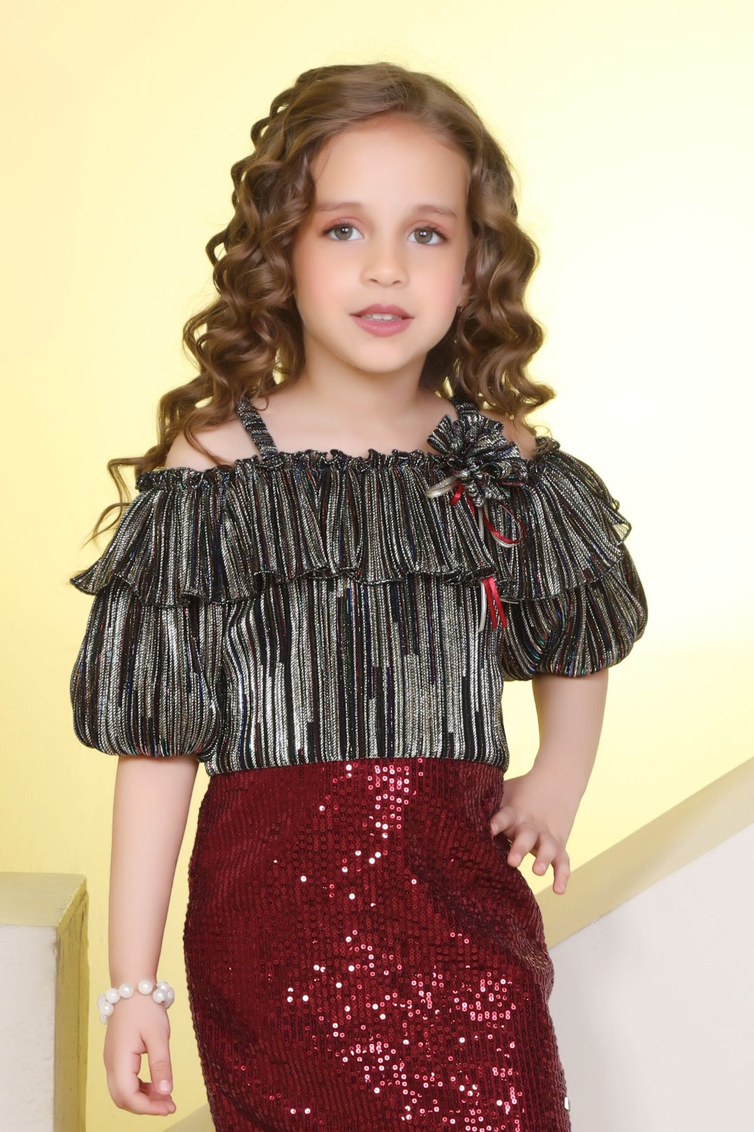 Maroon with Multicolor Zari and Sequins work Knee Length Frock for Girls