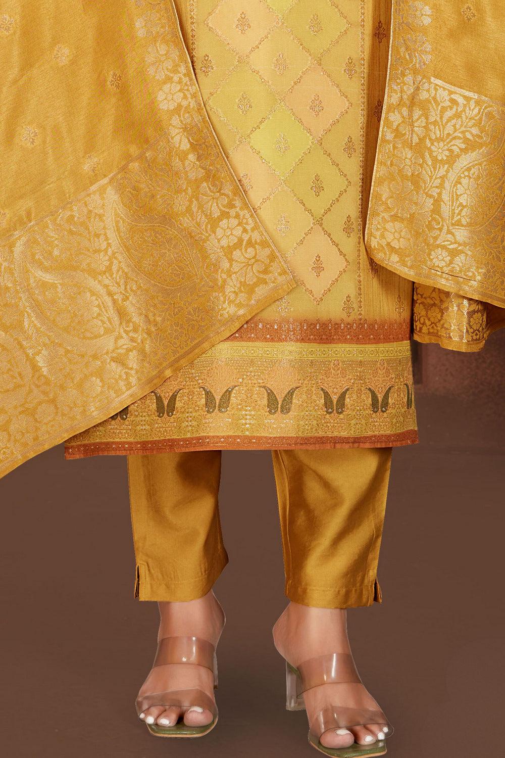 Yellow Zari, Beads, Mirror and Banaras work Straight Cut Salwar Suit - Seasons Chennai