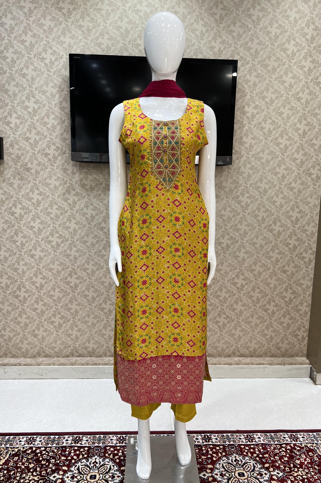 Mustard Patola Print, Banaras Butta, Mirror, Zari and Thread work Straight Cut Salwar Suit - Seasons Chennai