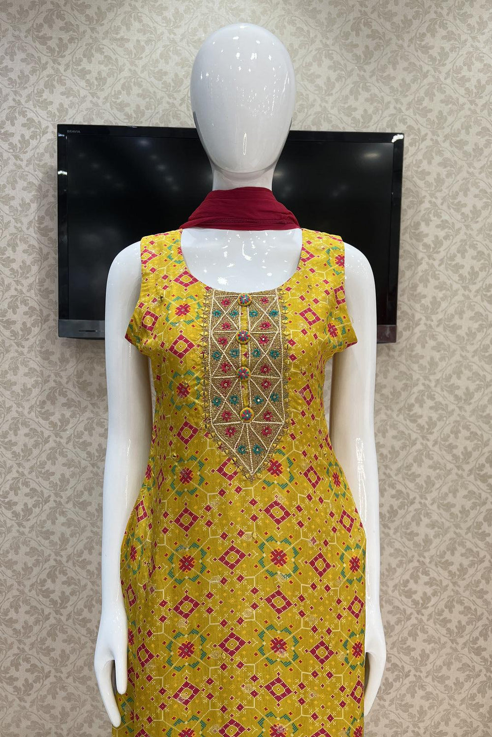 Mustard Patola Print, Banaras Butta, Mirror, Zari and Thread work Straight Cut Salwar Suit - Seasons Chennai