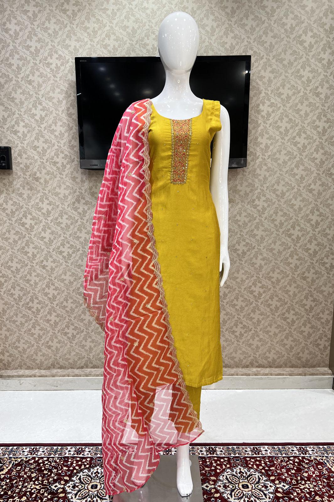 Yellow Zardozi, Thread and Zari work Straight Cut Salwar Suit - Seasons Chennai