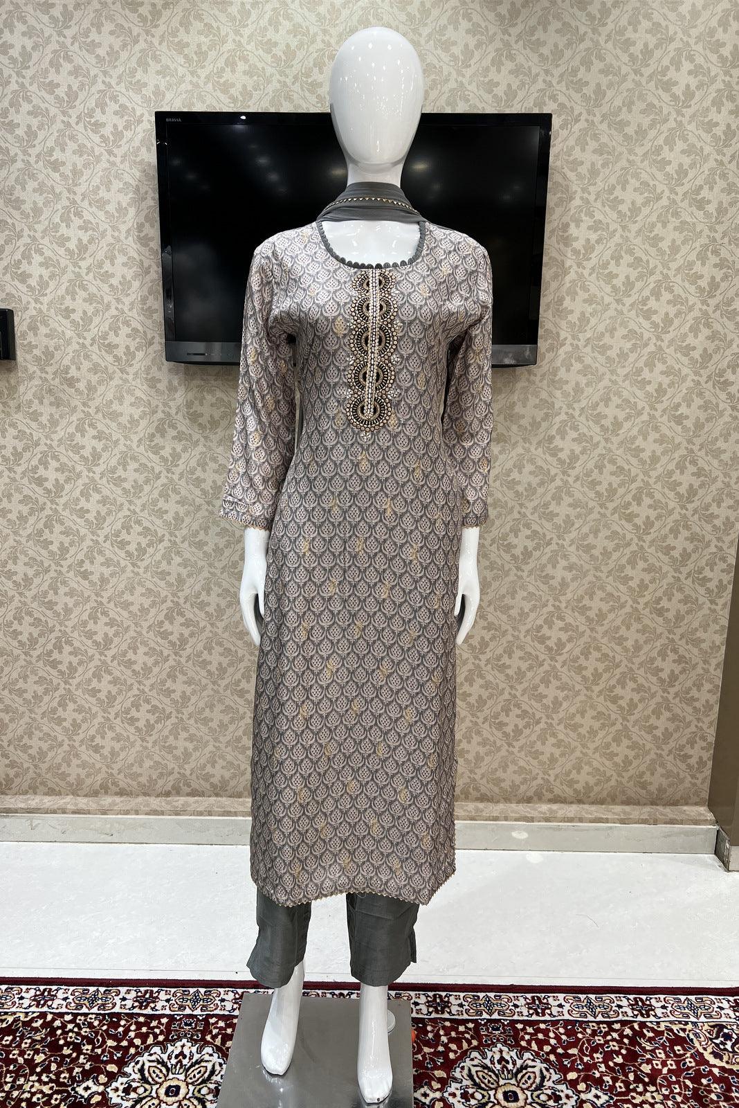 Grey Digital Print, Banaras Butta, Thread and Zari work Straight Cut Salwar Suit - Seasons Chennai