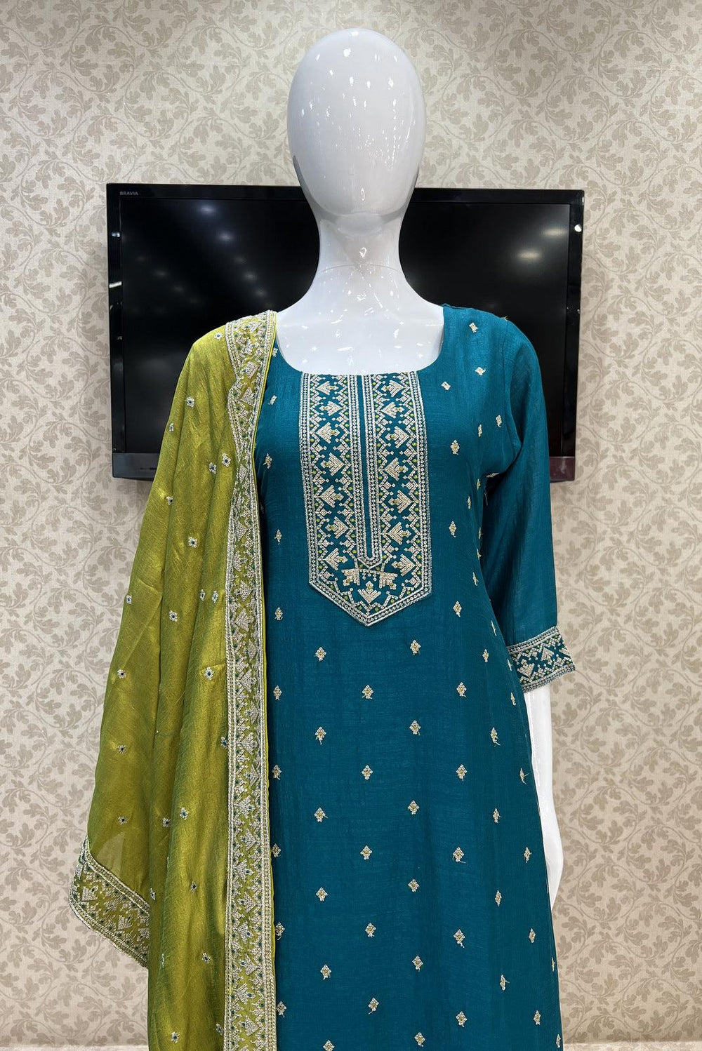 Rama Green Sequins and Zari work Straight Cut Salwar Suit - Seasons Chennai