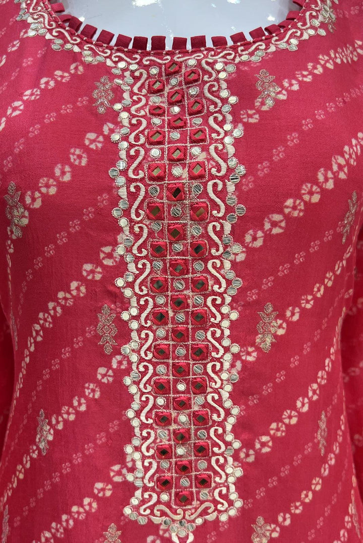 Rani Pink Bandini Print, Mirror, Zari and Thread work Straight Cut Salwar Suit - Seasons Chennai