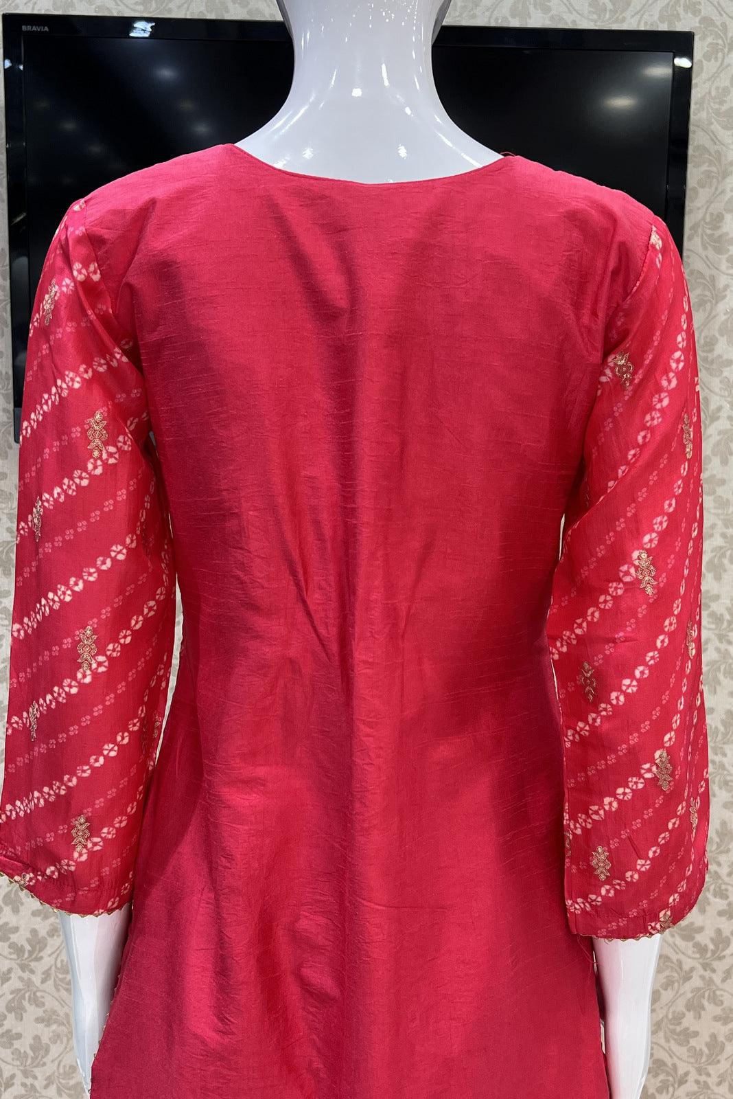 Rani Pink Bandini Print, Mirror, Zari and Thread work Straight Cut Salwar Suit - Seasons Chennai