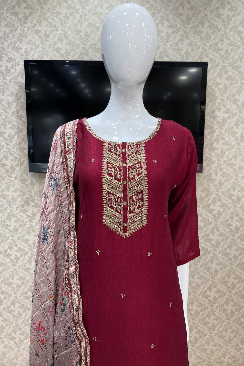 Maroon Zardozi, Zari and Beads work Straight Cut Salwar Suit with Digital Printed Dupatta - Seasons Chennai