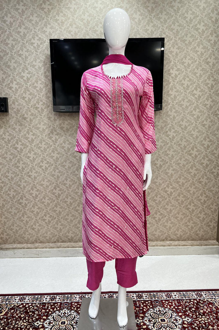 Pink Printed, Mirror, Zari and Thread work Straight Cut Salwar Suit - Seasons Chennai