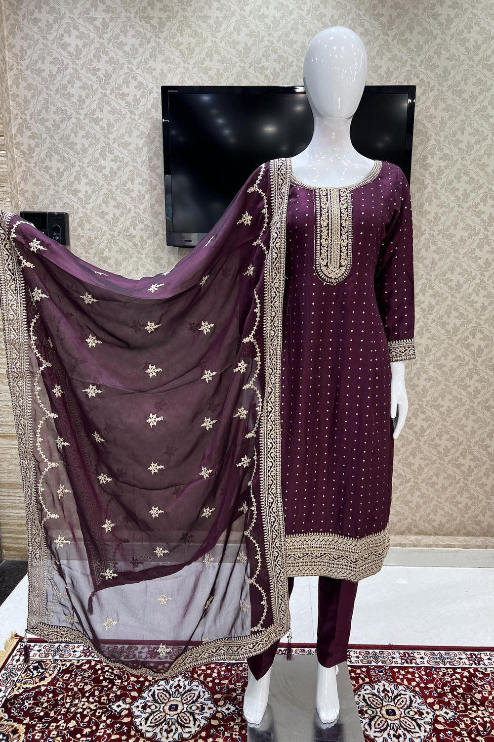 Wine Zari and Sequins work Straight Cut Salwar Suit - Seasons Chennai