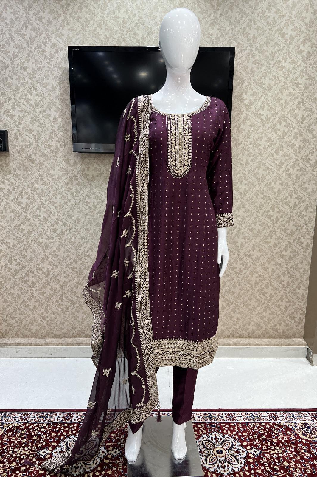Wine Zari and Sequins work Straight Cut Salwar Suit - Seasons Chennai
