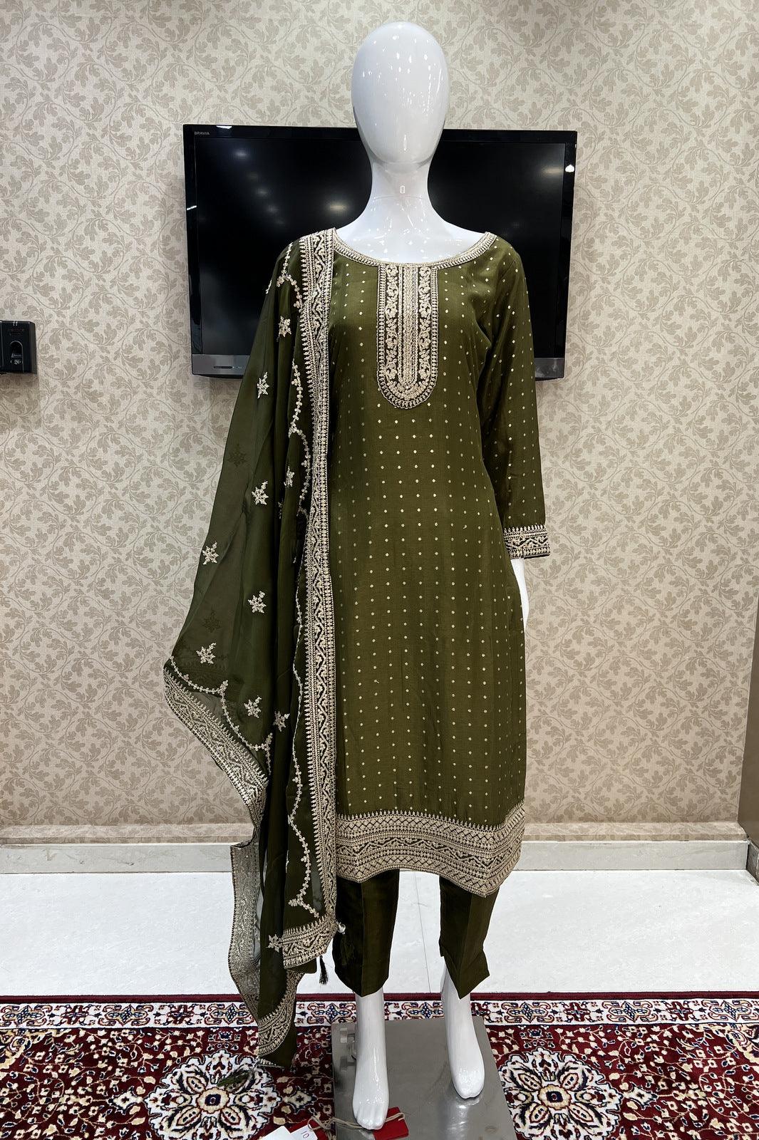 Mehendi Green Zari and Sequins work Straight Cut Salwar Suit - Seasons Chennai