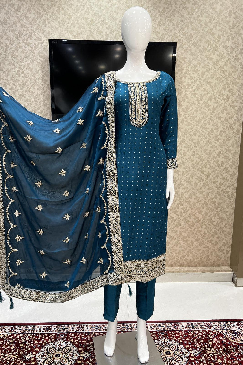 Peacock Blue Zari and Sequins work Straight Cut Salwar Suit - Seasons Chennai