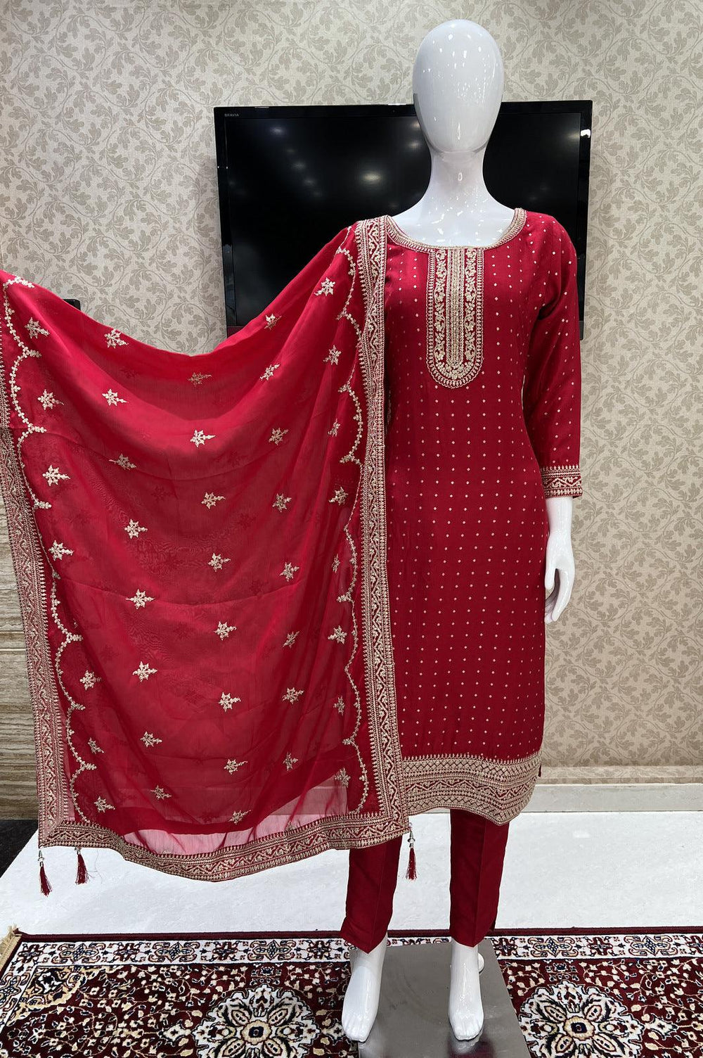 Red Zari and Sequins work Straight Cut Salwar Suit - Seasons Chennai