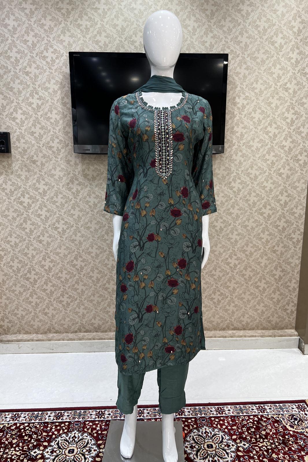 Green Sequins and Thread work with Digital Print Straight Cut Salwar Suit - Seasons Chennai