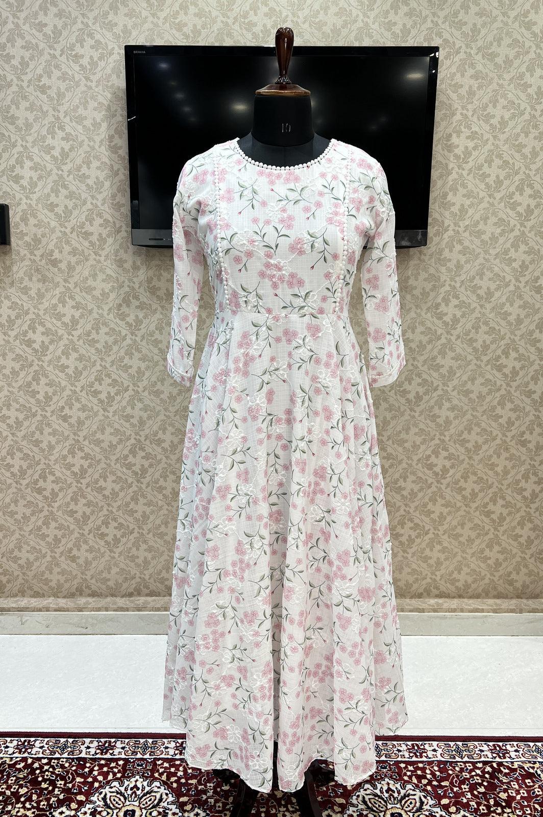 White with Pink Floral Print Anarkali Styled Long Kurti - Seasons Chennai