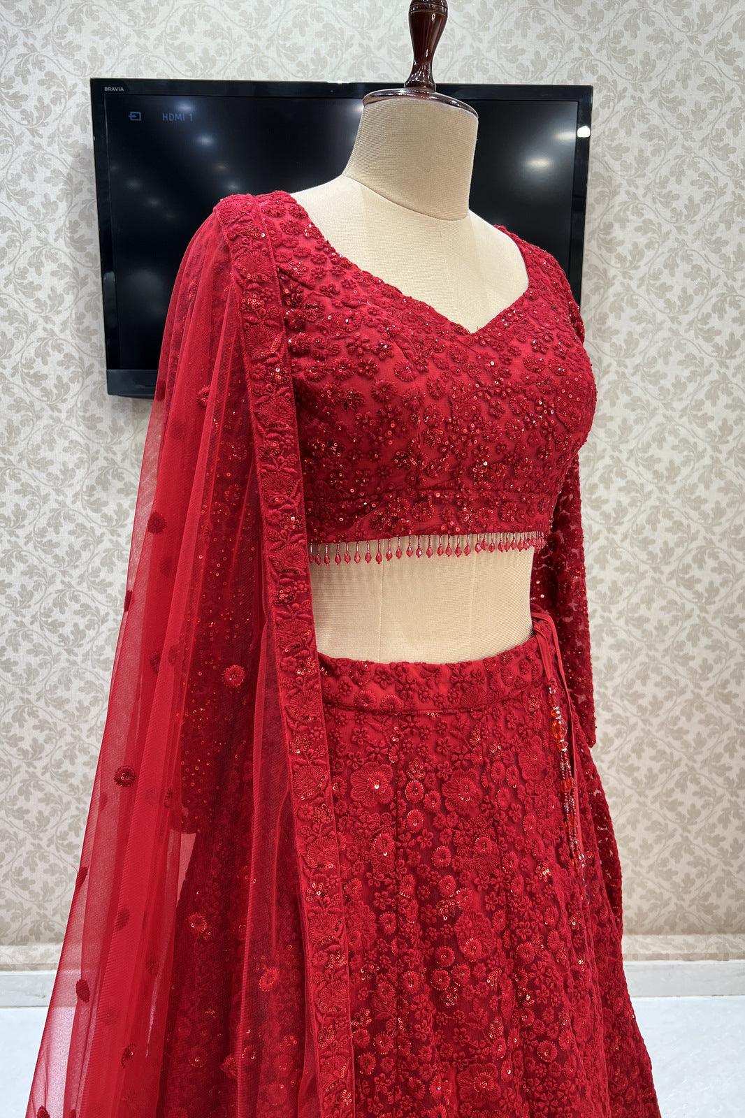 Red Embroidery, Sequins and Stone work Crop Top Lehenga - Seasons Chennai