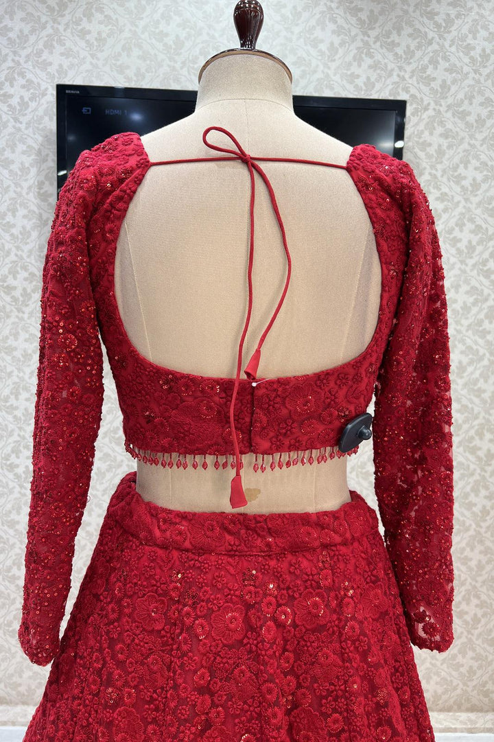 Red Embroidery, Sequins and Stone work Crop Top Lehenga - Seasons Chennai