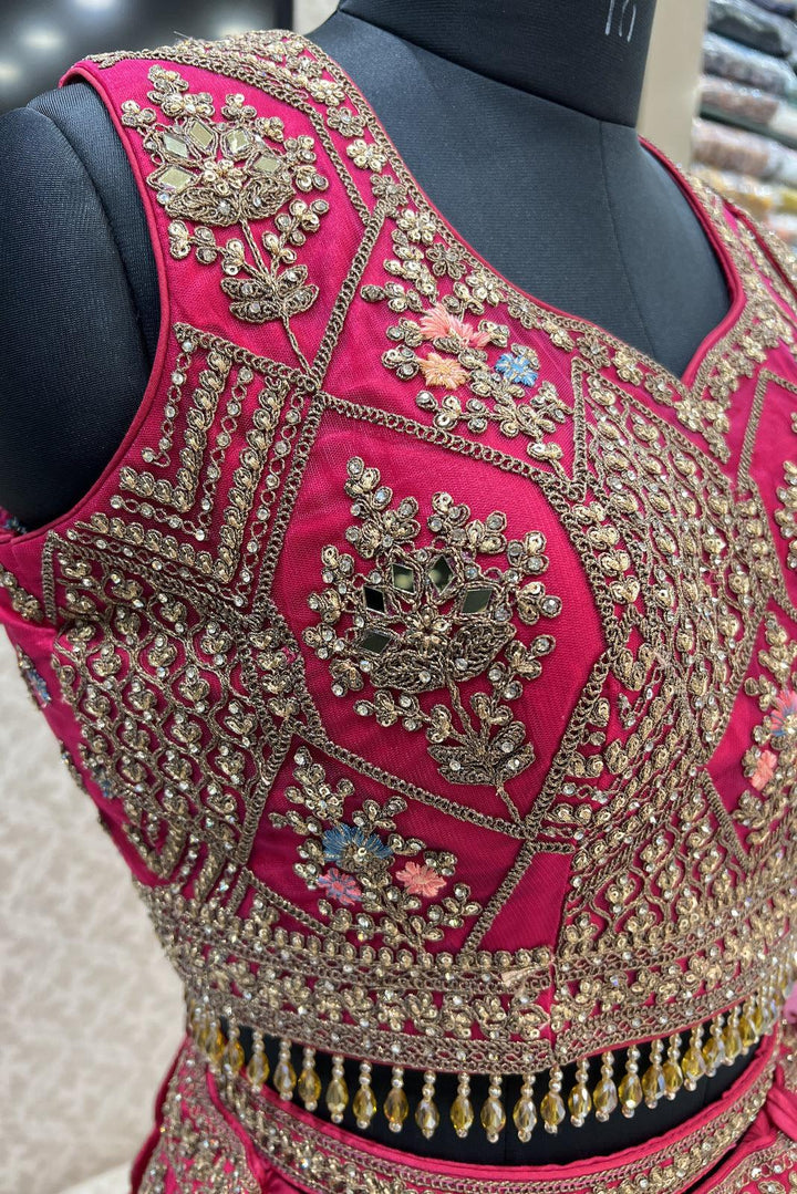 Rani Pink Stone, Zari, Thread, Beads and Mirror work Crop Top Bridal Lehenga with Belt - Seasons Chennai