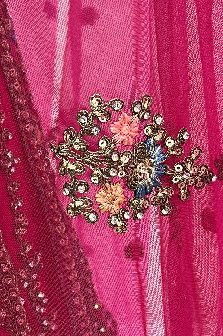 Rani Pink Stone, Zari, Thread, Beads and Mirror work Crop Top Bridal Lehenga with Belt - Seasons Chennai