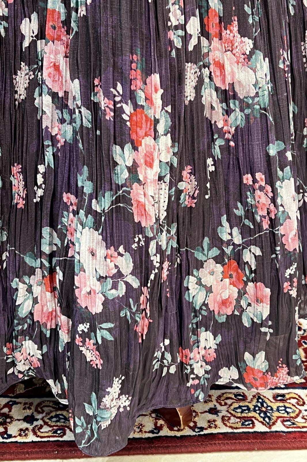 Violet Floral Print, Mirror and Thread work Floor Length Anarkali Suit - Seasons Chennai