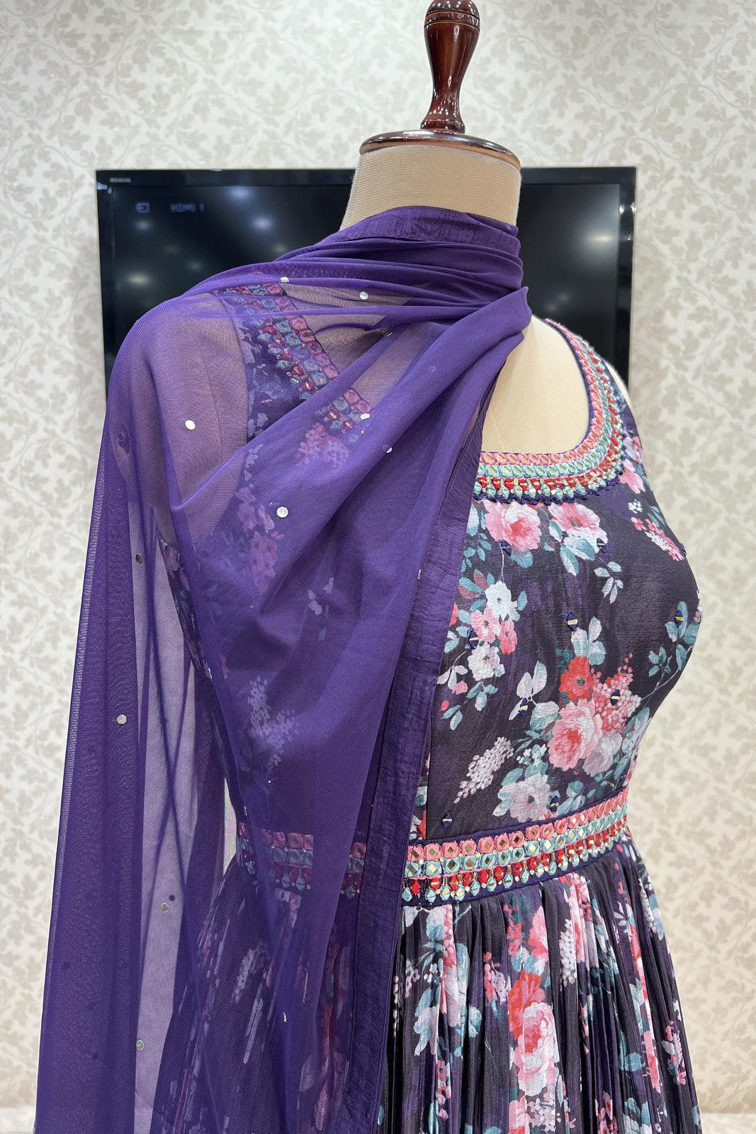Violet Floral Print, Mirror and Thread work Floor Length Anarkali Suit - Seasons Chennai