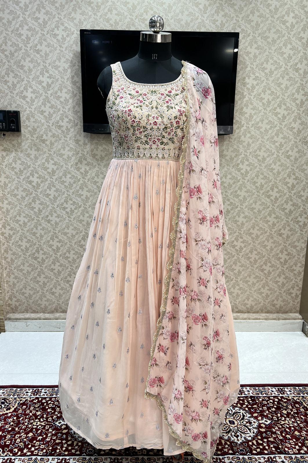 Peach Zardozi, Stone and Mirror work Floor Length Anarkali Suit with Floral Print Dupatta - Seasons Chennai