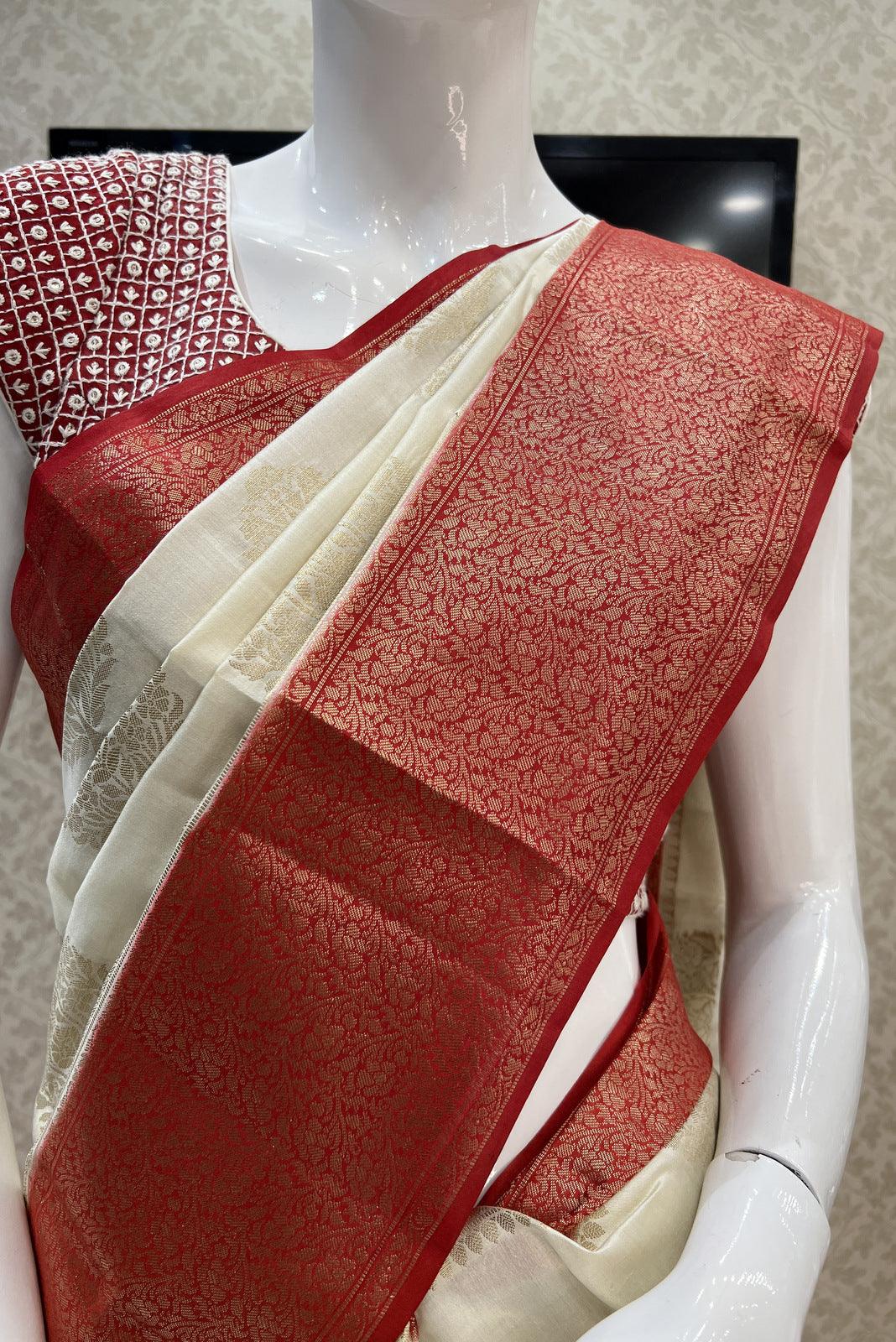 Sandal with Red Banaras Saree and Matching Unstitched Blouse - Seasons Chennai