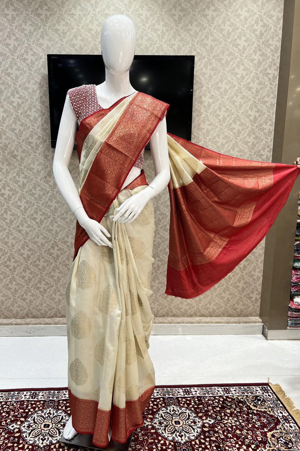 Sandal with Red Banaras Saree and Matching Unstitched Blouse - Seasons Chennai