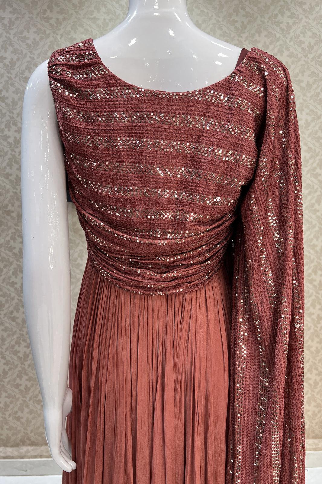 Brown Sequins and Thread work Western Style Gown - Seasons Chennai