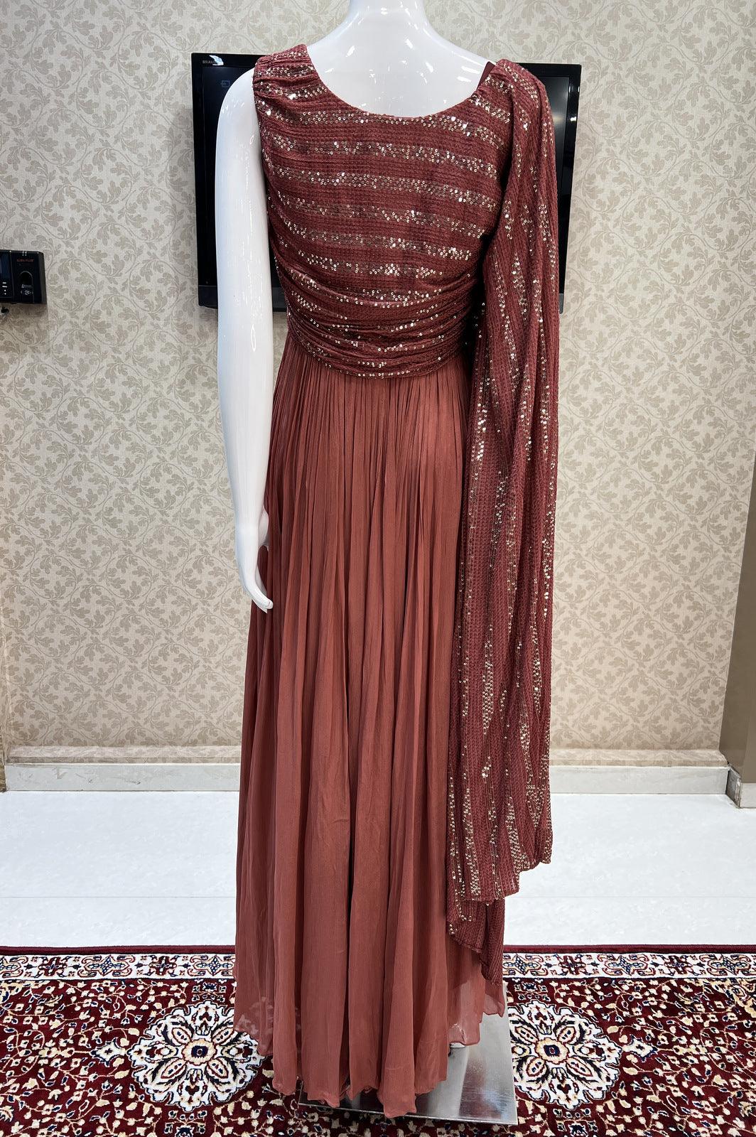Brown Sequins and Thread work Western Style Gown - Seasons Chennai