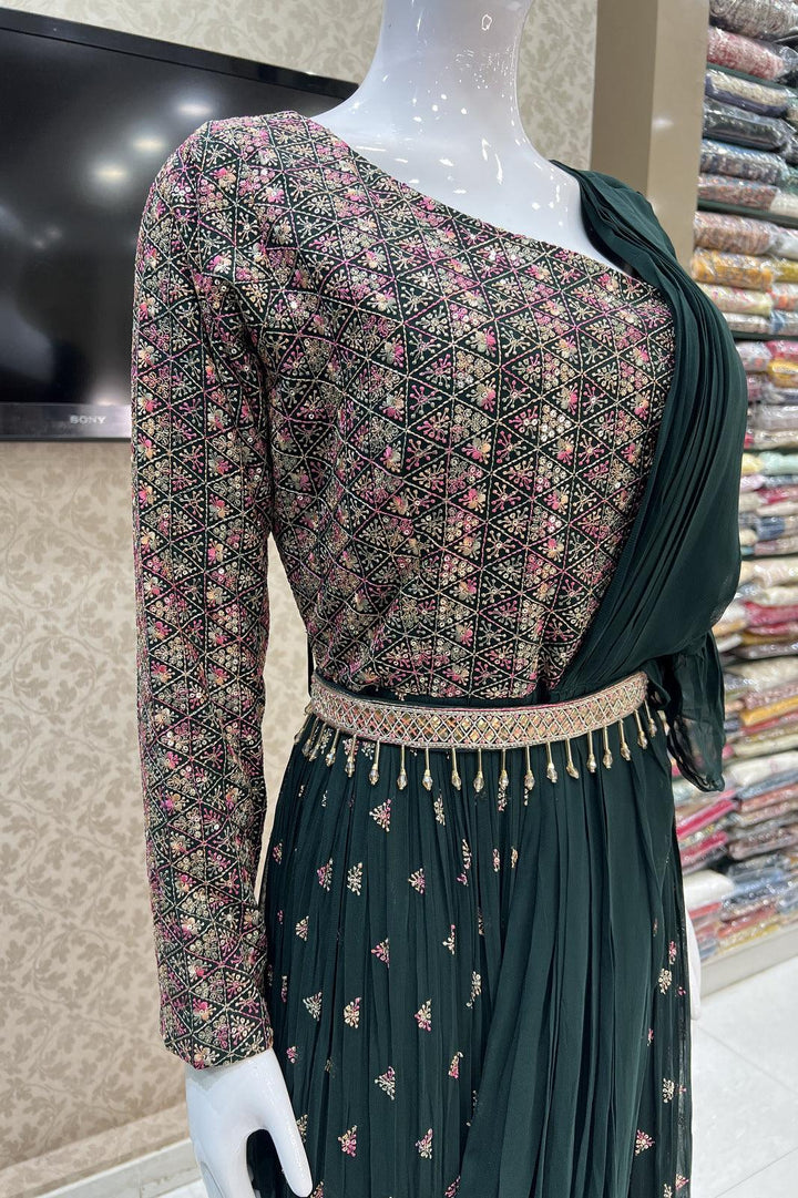 Bottle Green Multicolor Thread, Sequins and Mirror work Western Style Gown with Belt - Seasons Chennai