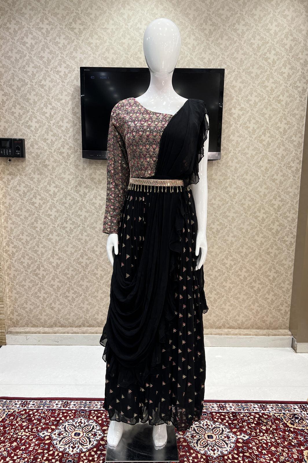 Black Multicolor Thread, Sequins and Mirror work Western Style Gown with Belt - Seasons Chennai