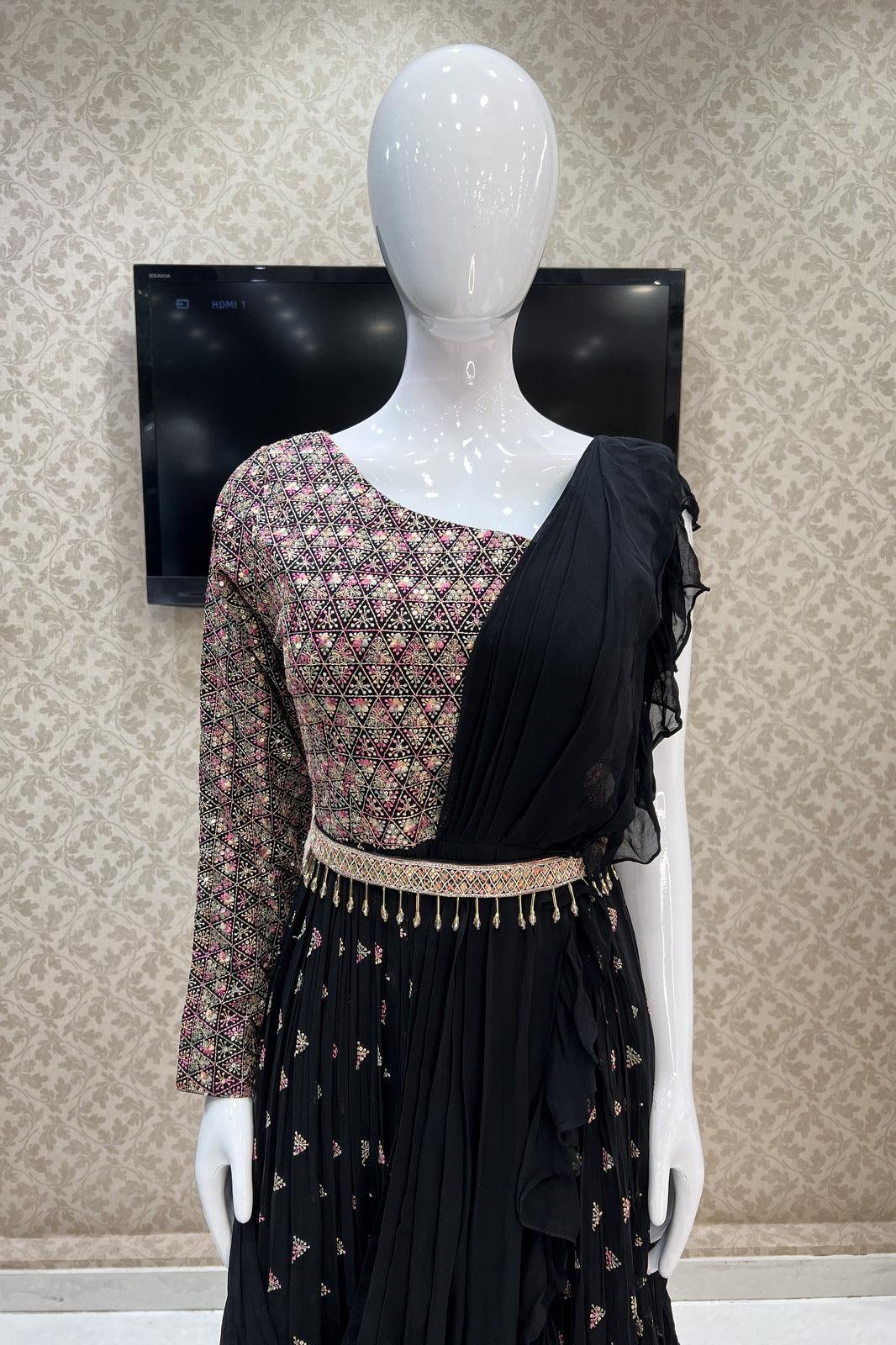 Black Multicolor Thread, Sequins and Mirror work Western Style Gown with Belt - Seasons Chennai