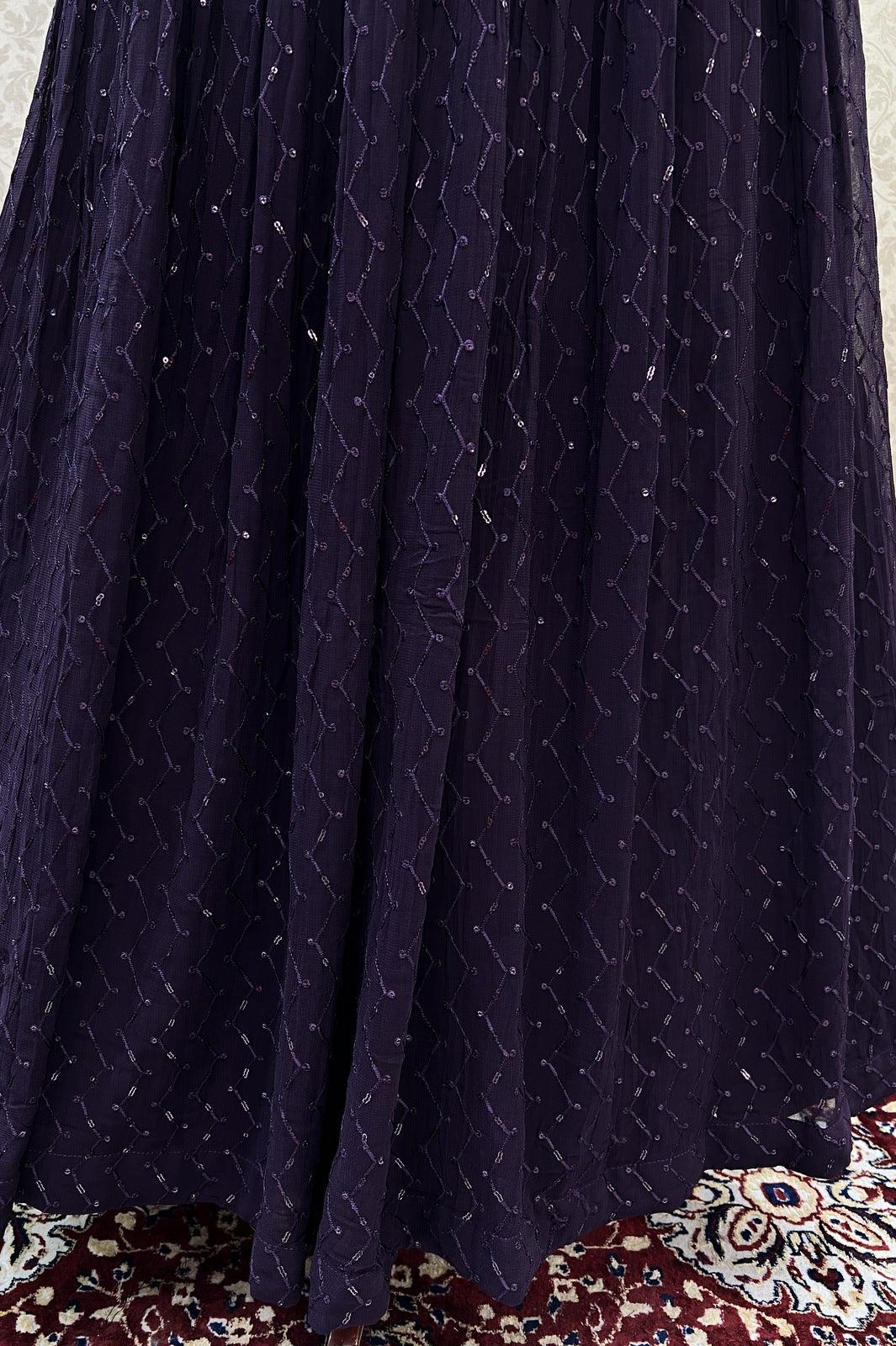Dark Violet Sequins and Thread work Jacket Styled Crop Top Lehenga - Seasons Chennai