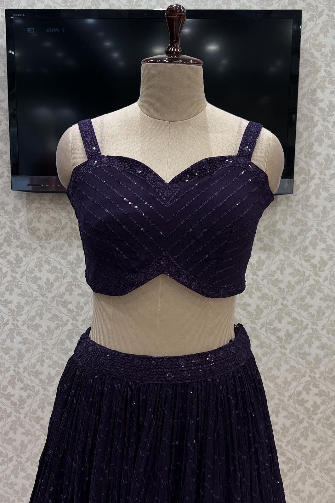 Dark Violet Sequins and Thread work Jacket Styled Crop Top Lehenga - Seasons Chennai