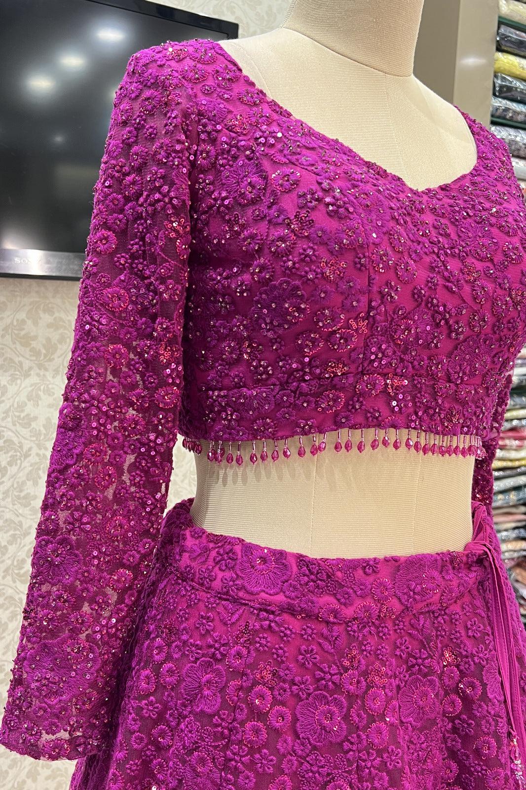 Magenta Embroidery, Sequins and Stone work Crop Top Lehenga - Seasons Chennai