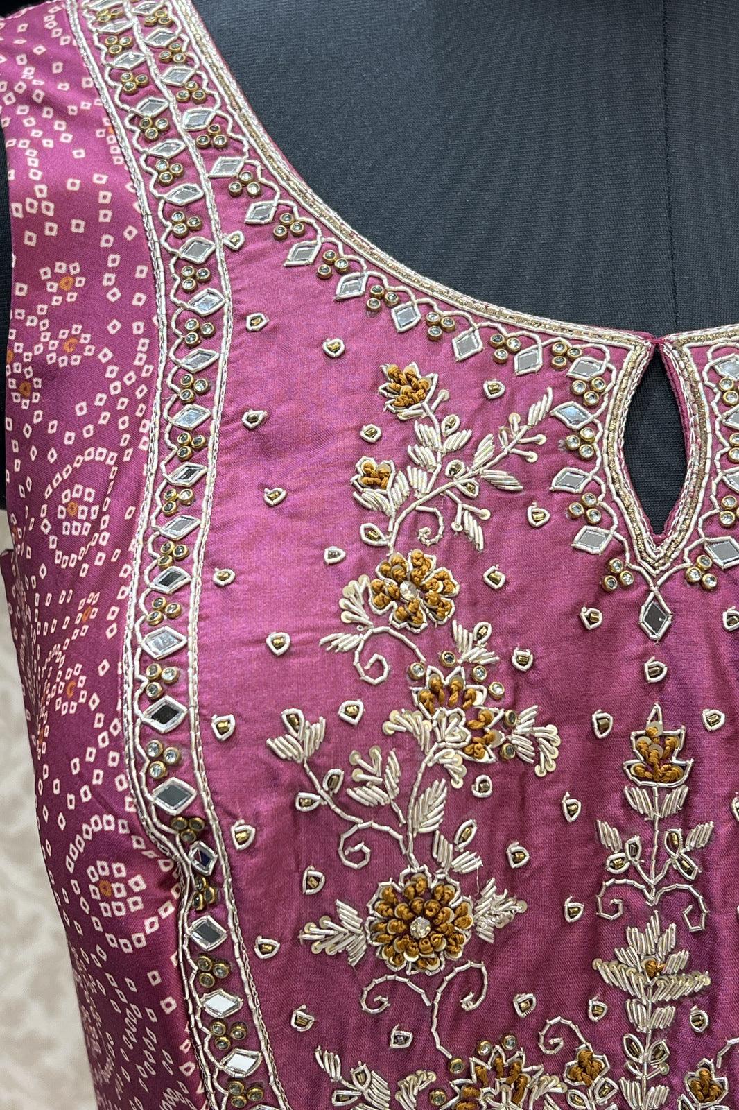 Magenta Bandini Print, Mirror, Zardozi, Kundan and Zari work Floor Length Anarkali Suit - Seasons Chennai