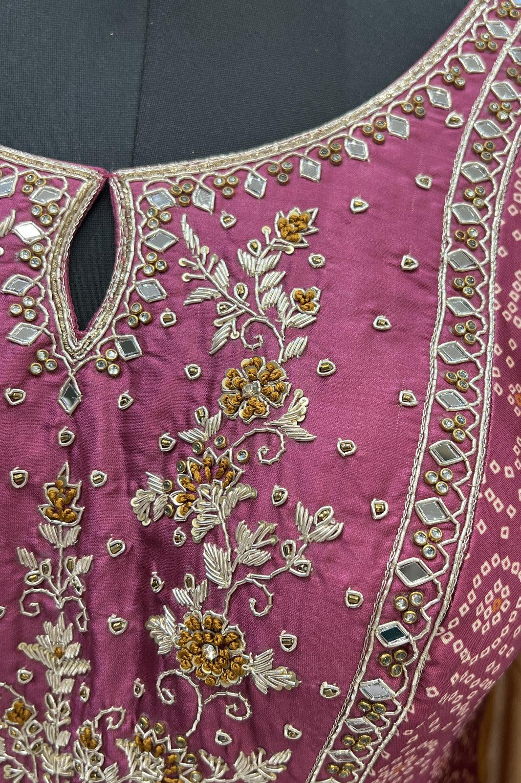 Magenta Bandini Print, Mirror, Zardozi, Kundan and Zari work Floor Length Anarkali Suit - Seasons Chennai