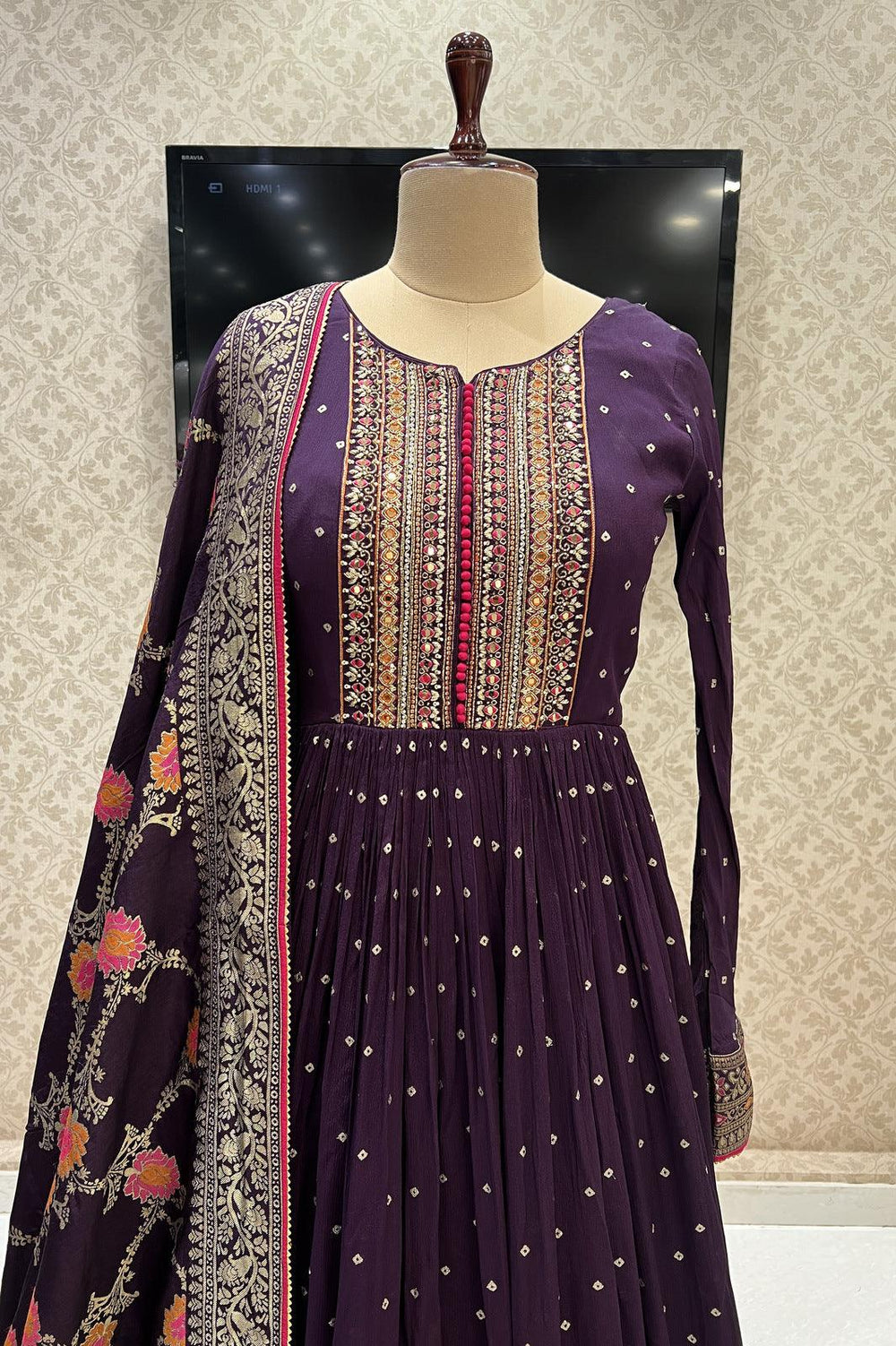 Wine Banaras, Sequins, Mirror, Zardozi, Beads and Thread work Floor Length Anarkali Suit - Seasons Chennai