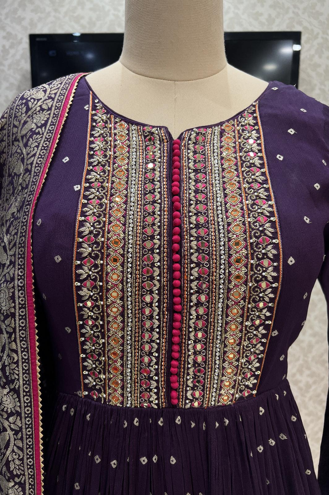 Wine Banaras, Sequins, Mirror, Zardozi, Beads and Thread work Floor Length Anarkali Suit - Seasons Chennai