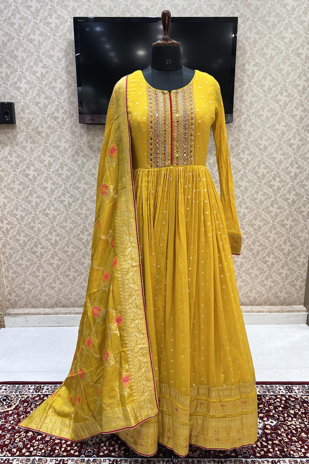 Yellow Banaras, Sequins, Mirror, Zardozi, Beads and Thread work Floor Length Anarkali Suit - Seasons Chennai