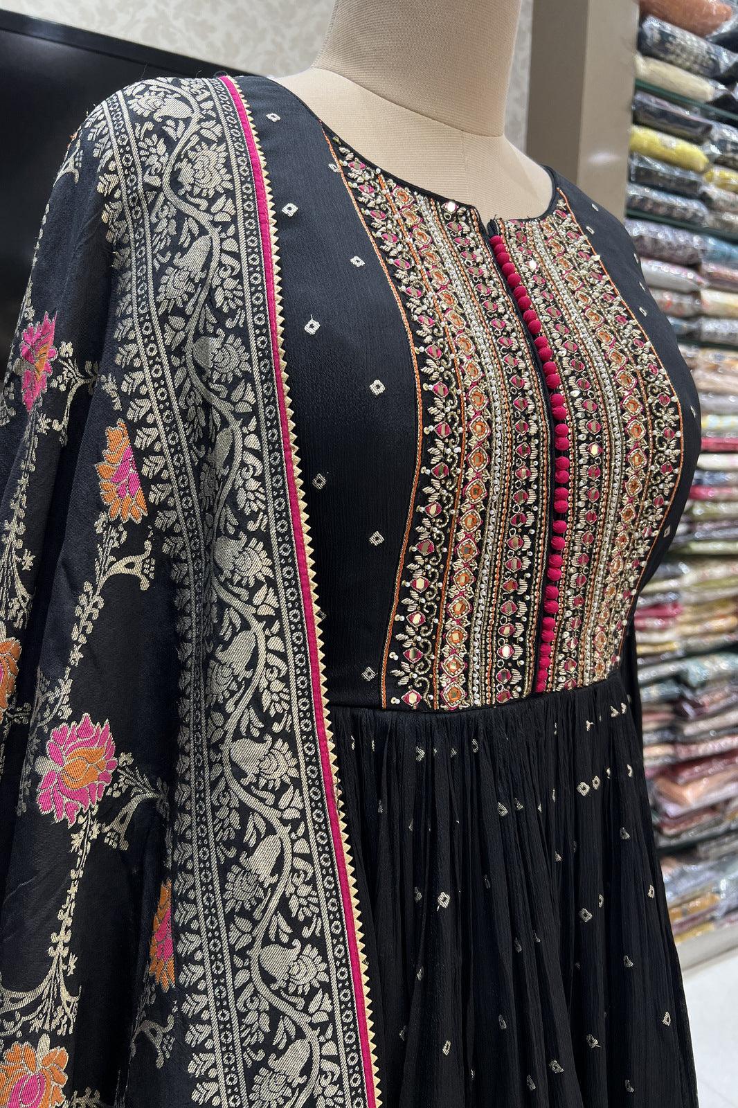Black Banaras, Sequins, Mirror, Zardozi, Beads and Thread work Floor Length Anarkali Suit - Seasons Chennai