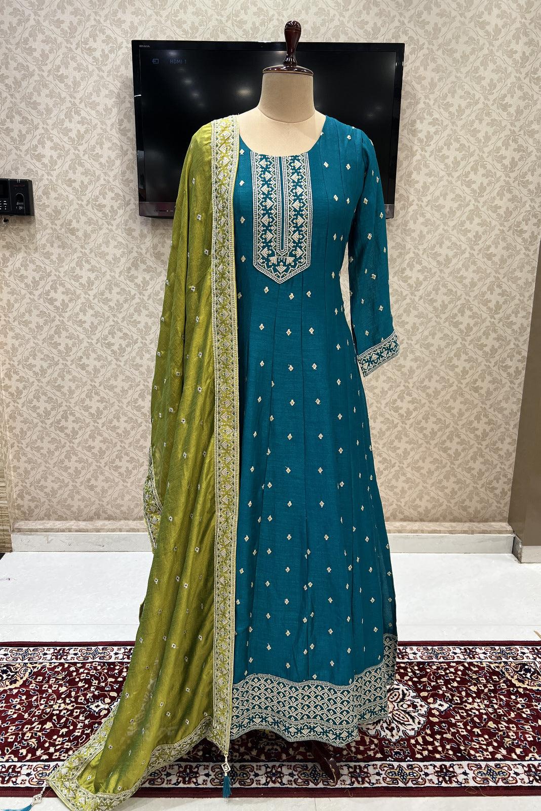 Rama Green Sequins, Zari and Thread work Floor Length Anarkali Suit - Seasons Chennai