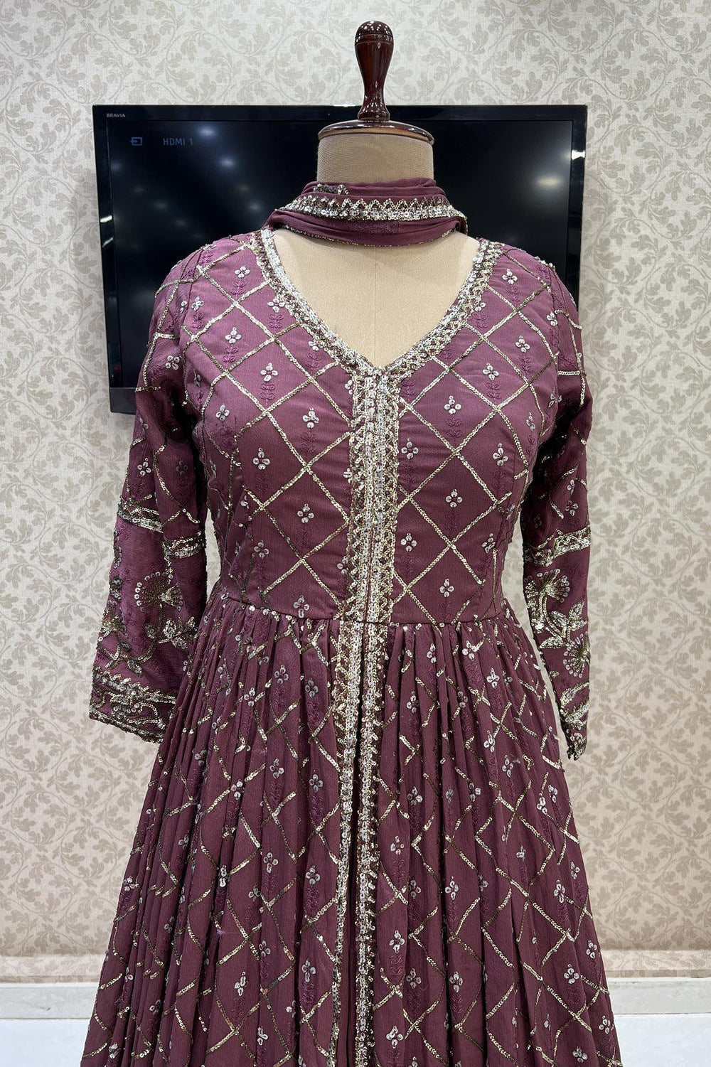 Onion Pink Sequins and Thread work Mastani Styled Long Top Lehenga - Seasons Chennai