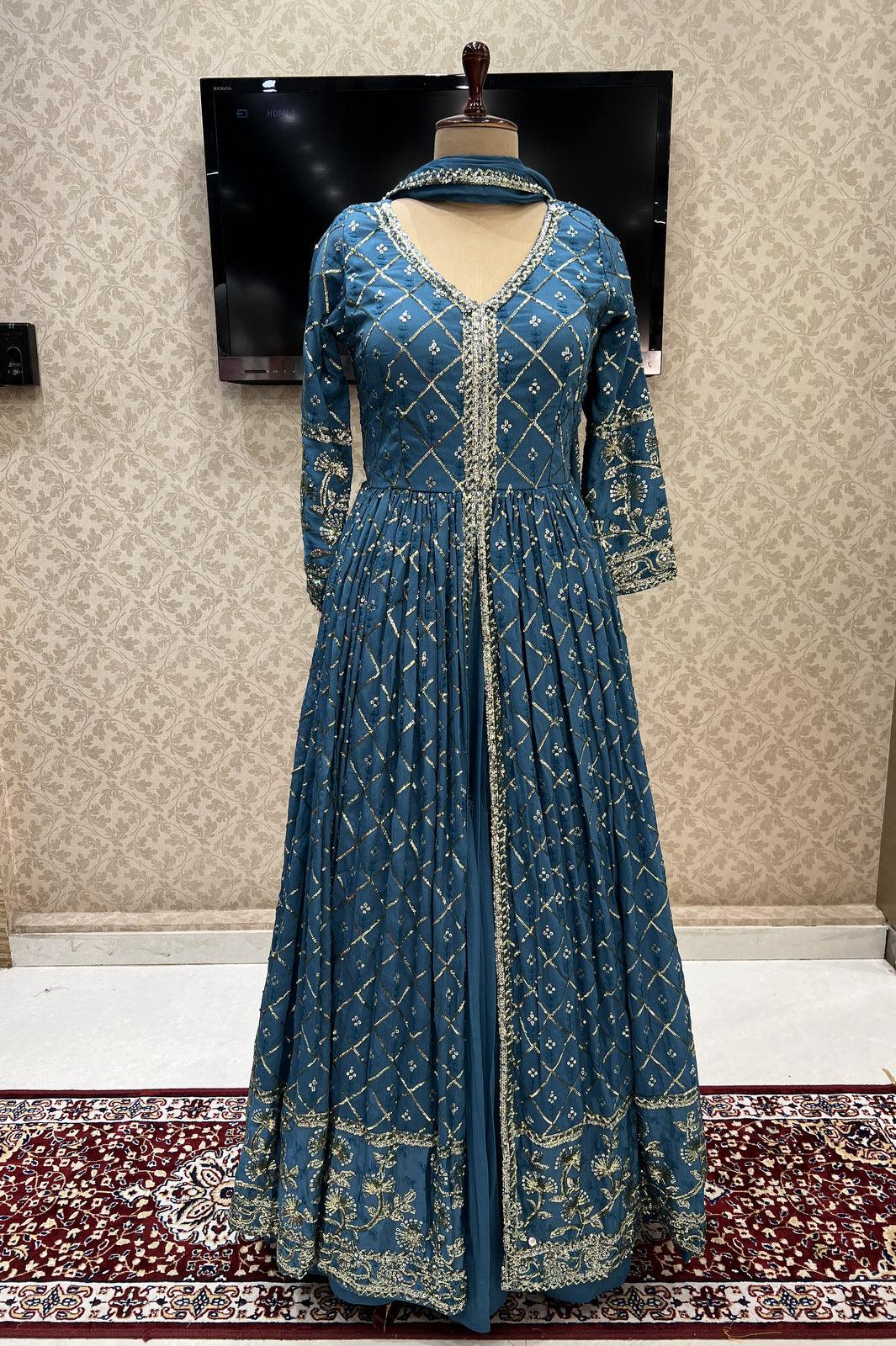 Blue Sequins and Thread work Mastani Styled Long Top Lehenga - Seasons Chennai